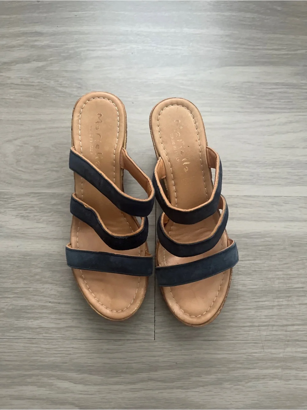 Mariella Navy Blue Suede Cork Wedge Sandals Size 9M